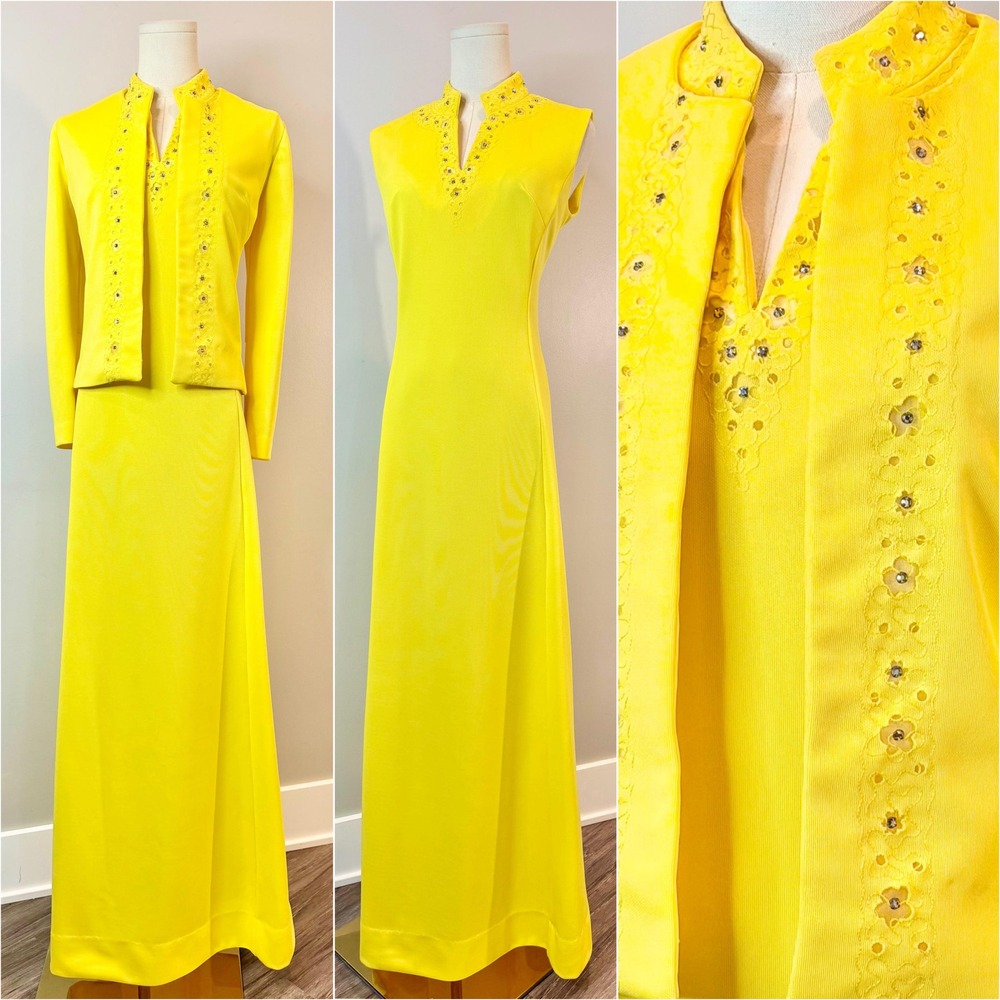 Vintage 1970s Dress Jacket Set Yellow Flower Power Rhinestones 70s Small/ Medium